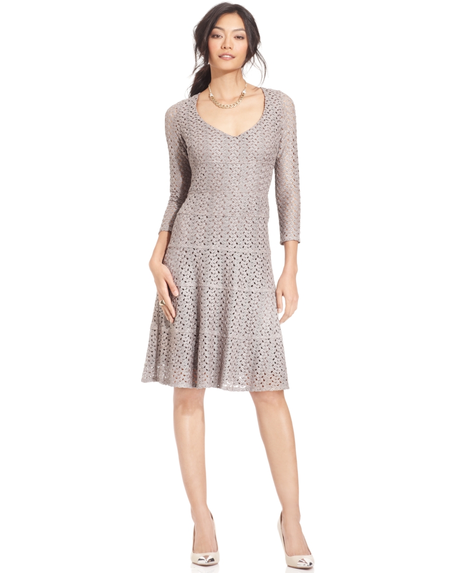 Anne Klein Petite Dress, Long Sleeve Crochet Lace A Line   Dresses   Women
