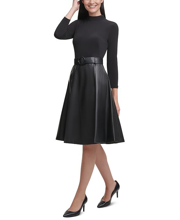 Calvin Klein Mock-Neck Faux-Leather A-Line Dress & Reviews - Dresses ...