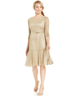 Evan Picone Glitter Lace Belted A-Line Dress - Dresses - Women - Macy's