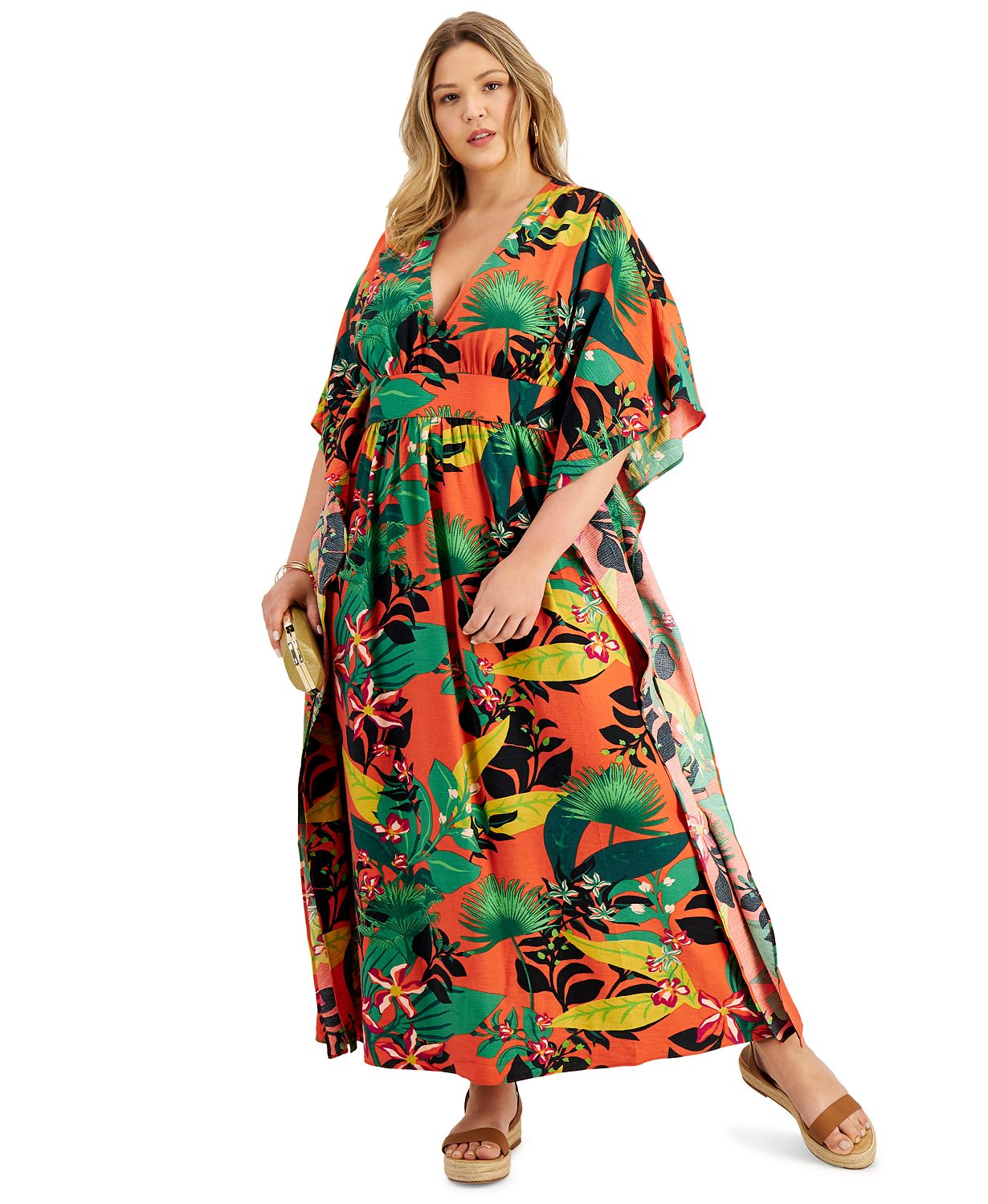 INC Plus Size Printed Dolman-Sleeve Kimono Dress