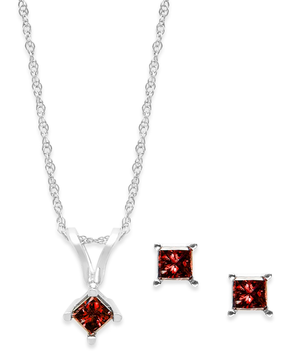 10k White Gold Red Diamond Necklace and Earring Set (1/5 ct. t.w.)   Jewelry & Watches