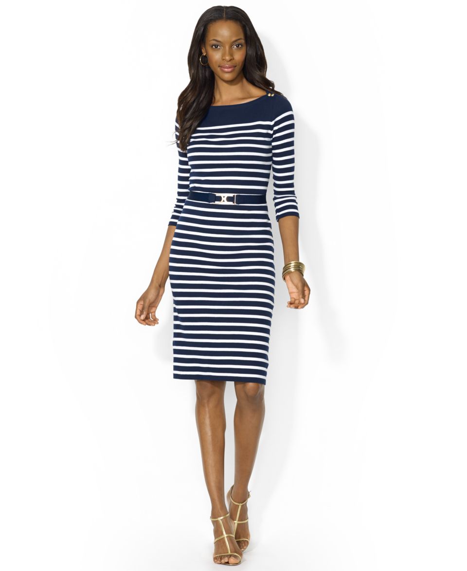 Lauren Ralph Lauren Petite Short Sleeve Striped Colorblocked Flare Dress   Dresses   Women