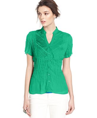 NY Collection Pleated Lace-Trim Short-Sleeve Blouse