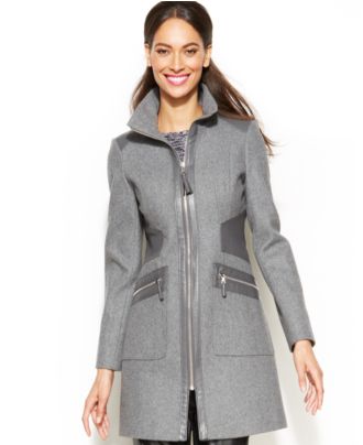 Via Spiga Faux-Leather-Trim Zip-Front Walker Coat - Coats - Women - Macy's