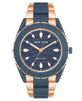 Женские кварцевые часы Anne Klein с тремя стрелками из розового золота и голубого пластика Solar Oceanwork на браслете, 38,5 мм