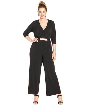 Love Squared Plus Size Three-Quarter-Sleeve Belted Jumpsuit - Pants ...