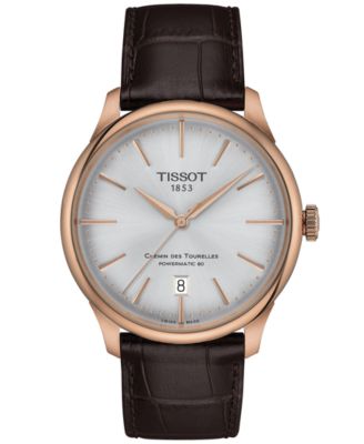Мужские швейцарские автоматические часы Tissot Chemin des Tourelles Powermatic 80 на темно-коричневом кожаном ремешке 39 мм