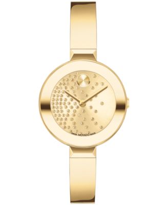 Женские смелые браслеты Movado со швейцарским кварцем с ионным покрытием из светло-золотистых 2-х стальных часов диаметром 28 мм