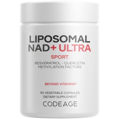 Добавка Codeage Liposomal NAD+ Ultra - 500 мг NAD+ кверцетин, бетаин безводный, витамин В12, метилкобаламин, Транс-ресвератрол, 90 капсул белого цвета