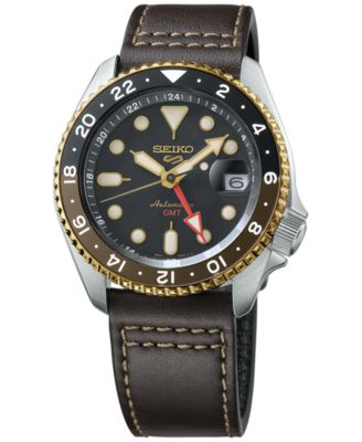 Мужские автоматические часы Seiko с 5 спортивными часами на черном кожаном ремешке 42 мм