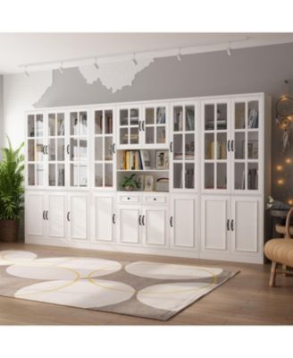 Роскошный настенный широкий белый книжный шкаф FAMAPY с 30 полками и дверцами