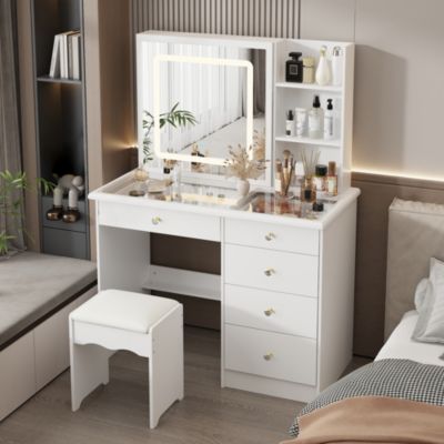 Туалетный столик HOMSEE для макияжа из белого дерева со стеклянной столешницей