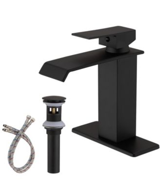 Водопадный смеситель для ванной комнаты с одним отверстием и одной ручкой с низкой дугой и выдвижным сливом в матово-черном исполнении