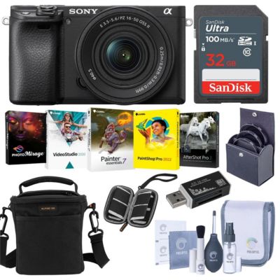 Беззеркальный цифровой фотоаппарат Sony Alpha a6400 с объективом 16-50 мм - В комплекте с сумкой через плечо, SD-картой емкостью 32 ГБ, Набором для чистки, устройством для чтения карт памяти, футляром для SD-карт черного цвета