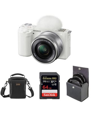 Беззеркальная видеорегистраторная камера Sony ZV-E10 APS-C со сменным объективом 16-50 мм в комплекте с SD-картой емкостью 64 ГБ, сумкой через плечо, комплектом фильтров 40,5 мм белого цвета