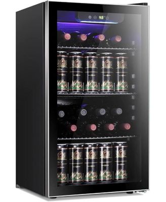 Холодильник Zafro для вина на 26 бутылок / напитков на 130 банок - Прозрачная стеклянная дверца, Бесшумный компрессор, Отдельно стоящий мини-винный погреб объемом 3,2 кубических фута