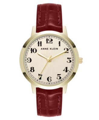 Женские повседневные кварцевые часы Anne Klein из красной полиуретановой кожи и золотистого металлического сплава Boyfriend Watch, 34 мм