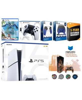 Тонкий диск Sony Playstation 5 с Horizon Forbidden West, контроллером Extra EDGE, набором для геймеров, набором триггеров и ваучером на наклейку MightySkins + 1 год CPS Ext white