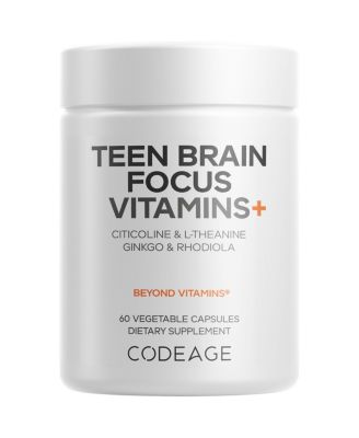 Витамины Codeage Teen Brain Focus+ Цитиколин Когнитин, L-теанин, Гинкго, Родиола, Лаванда, Магний, витамины В6, В12, фолиевая кислота, 60 цветных капсул