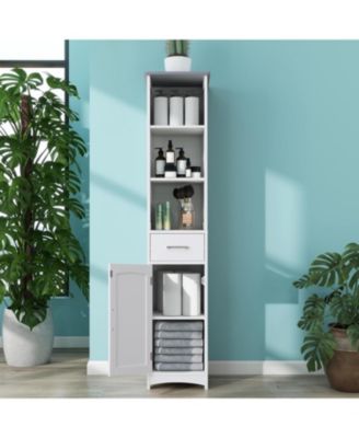 Высокий отдельно стоящий шкаф для хранения VANIRROR - 13 x 64 дюйма, серая столешница с матово-белой отделкой, Регулируемые полки и направляющие для выдвижных ящиков, предотвращающие падение