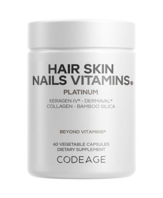 Витамины Codeage для волос, кожи и ногтей Platinum - KeraGEN-IV Кератин, Dermaval - От выпадения волос, для поддержания эластичности кожи и увлажнения Коллаген, 60 капсул белого цвета