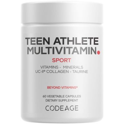 Мультивитаминная спортивная добавка Codeage Teen Athlete - креатин, метилированные витамины группы В, таурин, коллаген UC-II, Феррохель железа, 60 цветных капсул.