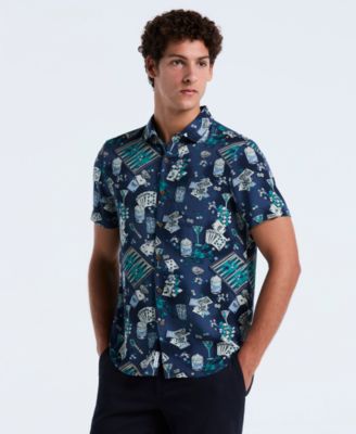 Оригинальная мужская рубашка на пуговицах с коротким рукавом Penguin синего цвета