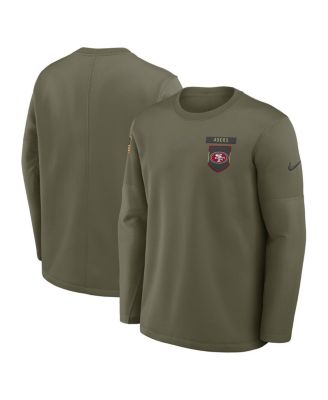 Мужская футболка Nike Olive San Francisco 49ers 2025 Salute to Service Sideline с длинным рукавом Therma-FIT, выполненная в оливковом цвете.