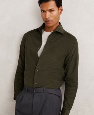 Мужская хлопковая вельветовая рубашка REISS с вырезанным воротником зеленого цвета