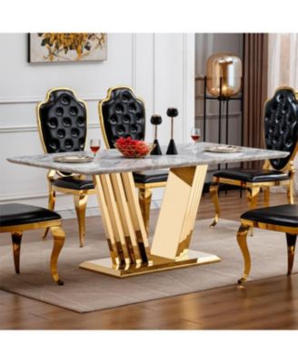 Мраморный обеденный стол Streamdale Furniture из искусственного мрамора прямоугольной формы на 6, 70 см с основанием из зеркальной нержавеющей стали (золотой, серый)