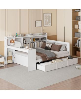 Полноразмерная деревянная кушетка Streamdale Furniture с 3 выдвижными ящиками, USB-портами и письменным столом