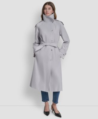 Женское длинное пальто-тренч DKNY с поясом и воронкообразным воротником серого цвета
