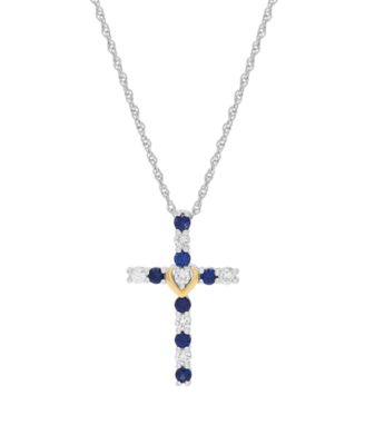 Сапфир, выращенный в лаборатории Macy's (3/8 карата по весу), и белый сапфир, созданный вручную (1/3 карата по весу), колье-подвеска в виде креста из чистого серебра с покрытием из желтого золота 14 карат, серебро 14 карат