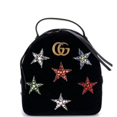 Бывший в употреблении маленький рюкзак Gucci GG Marmont, украшенный черным бархатным кружевом Matelasse