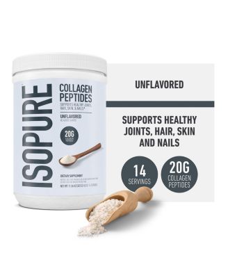 Порошок с коллагеновыми пептидами Isopure, укрепляет здоровье волос, ногтей, кожи и суставов, содержит витамин С и биотин, без вкуса, 14 порций, без цвета.