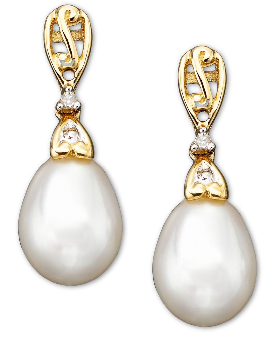14k Gold Cultured Freshwater Pearl & Diamond Accent Drop Earrings   Earrings   Jewelry & Watches