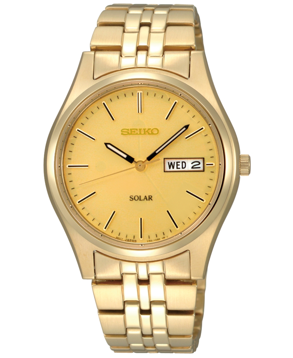 Seiko Watch, Mens Solar Champagne Gold Tone Bracelet 37mm SNE036