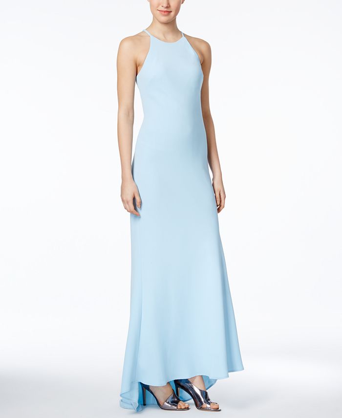 calvin klein off the shoulder crepe gown