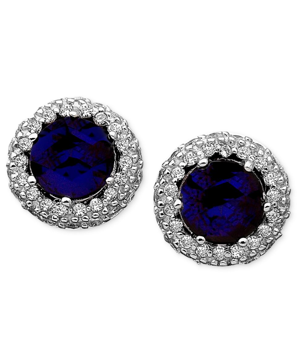 CRISLU Earrings, Platinum over Sterling Silver Blue Corundum (1 3/4) and Cubic Zirconia (1/2 ct. t.w.) Button Earrings   Fashion Jewelry   Jewelry & Watches