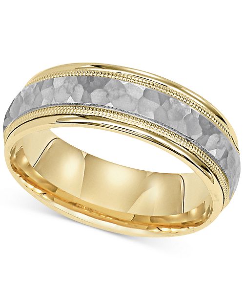 Macy S Two Tone Hammered Wedding Band In 14k Gold White Gold Reviews Rings Jewelry Watches Macy S