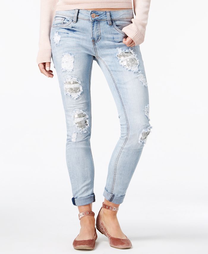 Dollhouse Juniors' Ripped SequinPatch Skinny Jeans & Reviews Jeans