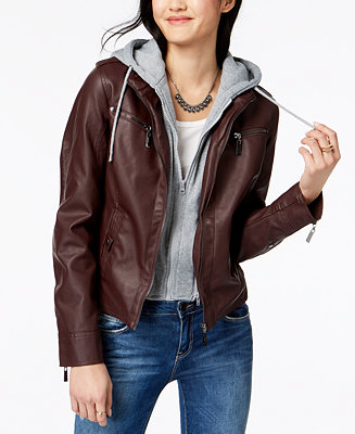 Hooded Faux-Leather Moto Jacket