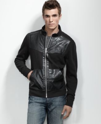 New Albert Black Pleather Accents Funnel Neck Full Zip Jacket Shirt M 