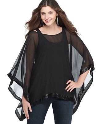 Fire Plus Size Top, Batwing Sleeve Sequined Poncho - Tops - Plus Sizes ...