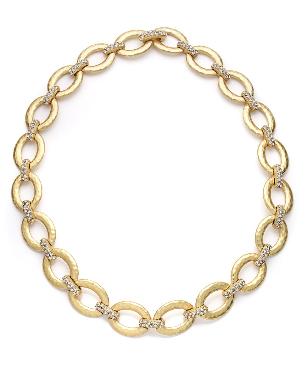 Charter Club Hammered Gold Tone Pave Link Necklace   Fashion Jewelry   Jewelry & Watches