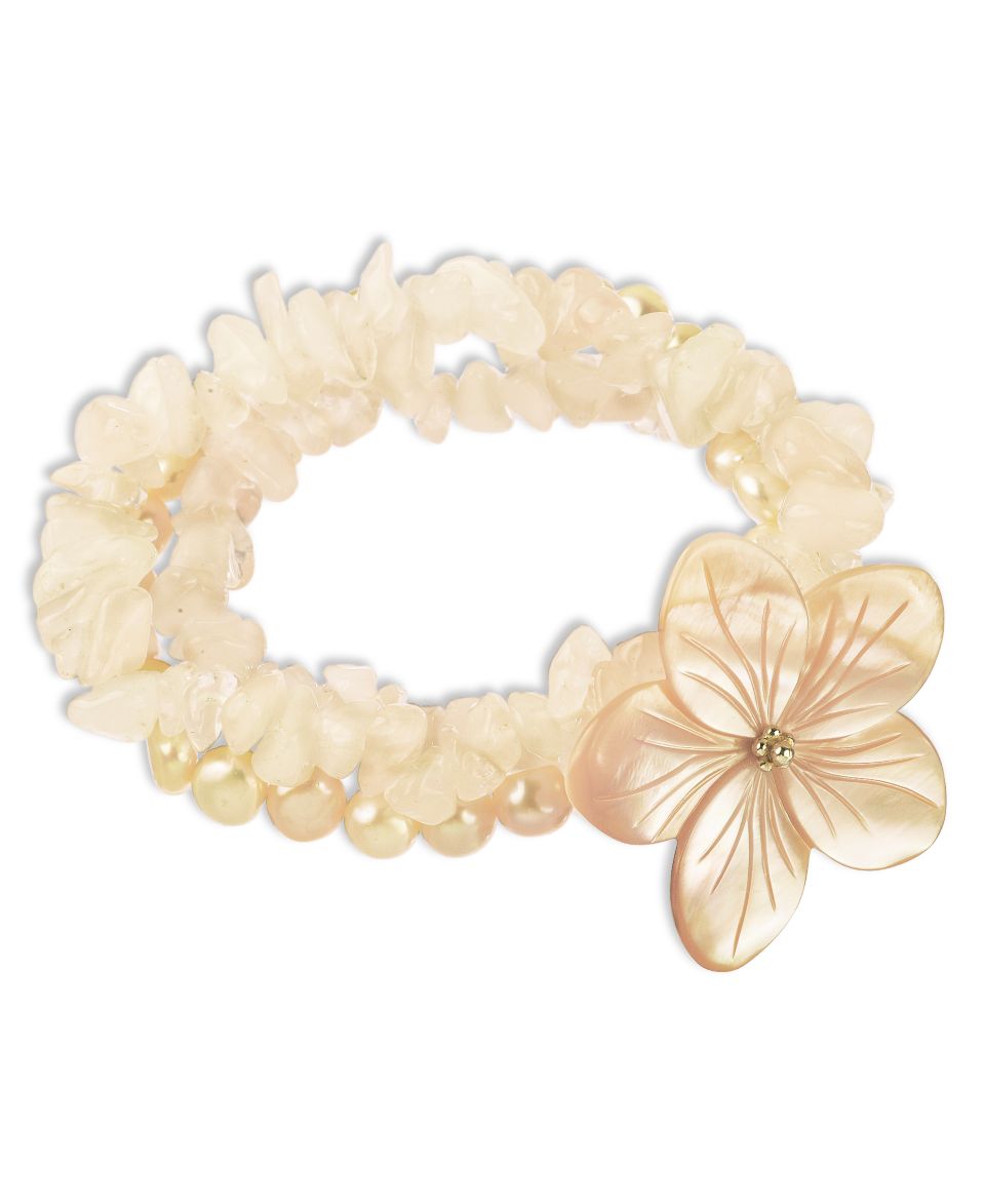 Shell and Rose Quartz (97 3/4 ct. t.w.) Three Strand Flower Bracelet