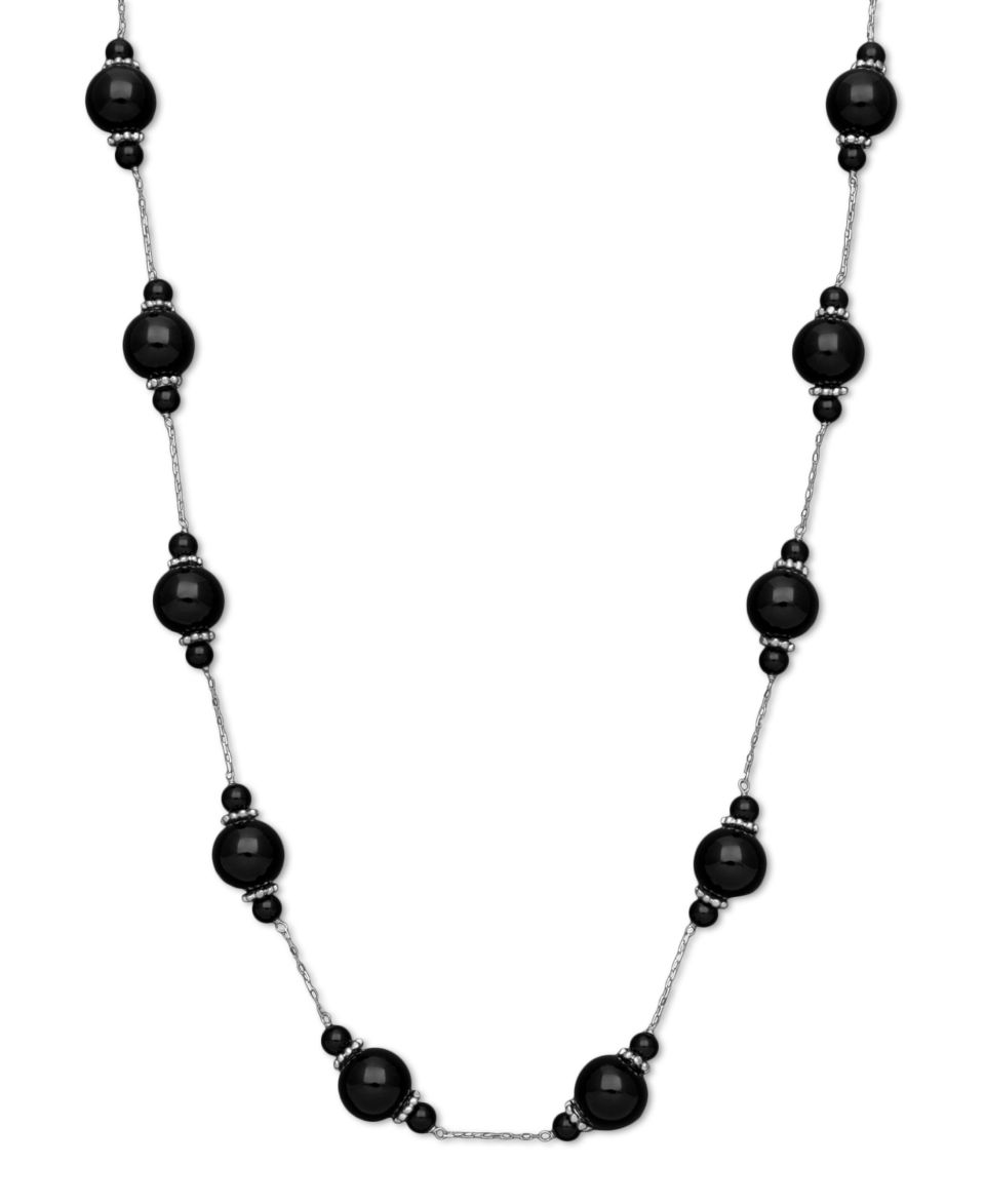 Sterling Silver Necklace, Onyx (6 12mm) and Sparkle Bead Necklace