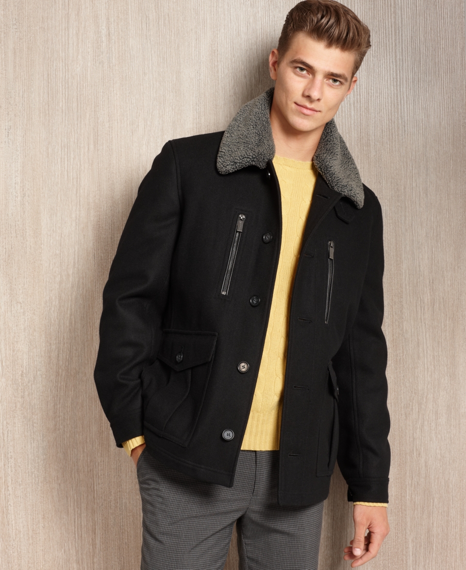 Michael Kors Jacket, Arcadia Newsboy Coat with Sherpa Collar   Mens