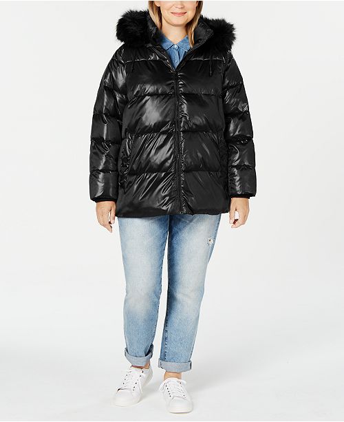 Dkny Plus Size High Shine Faux Fur Trim Hooded Puffer Coat Reviews Coats Plus Sizes Macy S