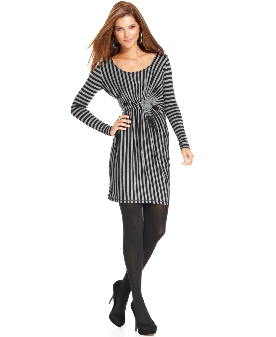 Studio M Dress, Long Sleeve Metallic Striped Scoop Neck